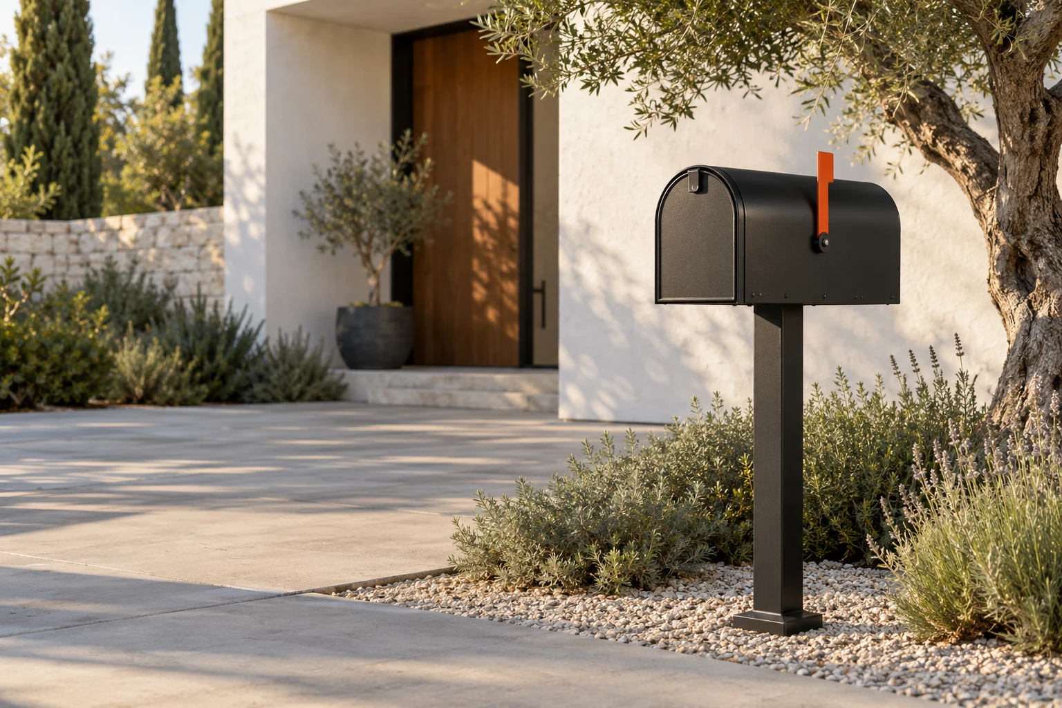 Modern black metal mailbox at a beautifully landscaped home