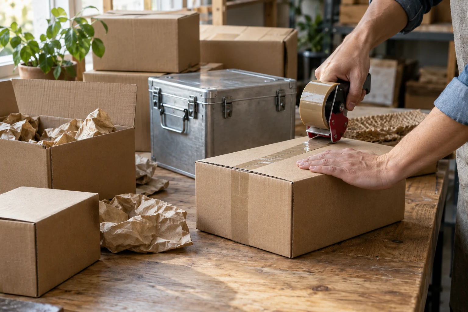 A parcel being carefully packed beside a metal mailing box